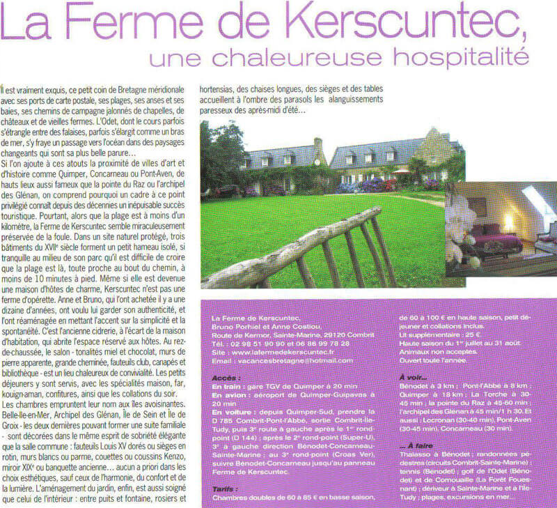 article sur la maison d'hôte la ferme de kerscuntec