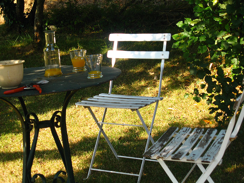 Chaises et table jus d'orange dans le jardin de la Ferme